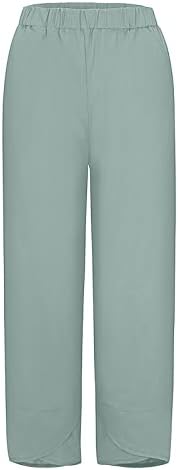 Uofoco lanene hlače za žene elastični struk povremeni vrećica izrezana širokih hlača s džepovima