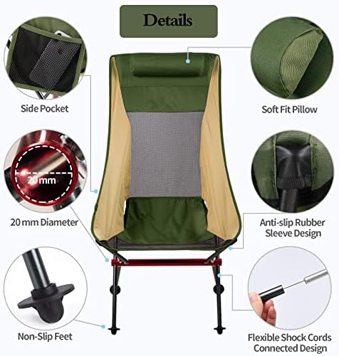 Prijenosna stolica za kampiranje, kompaktni ultralight High Back Camp Stolica za odrasle, aluminijska ruksačka stolica uklonjiva jastuk,