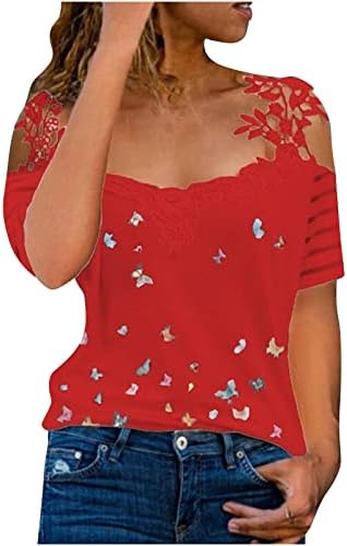 Kratki rukavi hladne ramene bluze ženske v vrat čipka leptir opuštena bluza za ključanice majice majice dame bs