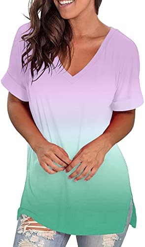 Ljubavno ženske majice gradijentna boja bluza s V-izrezom pulover ljetni kratki rukav labavi ležerna majica tunika vrhovi