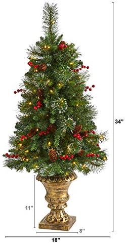 Gotovo prirodni 4ft. Borove, pinecone i bobice Umjetno božićno drvce sa 100 bistrih LED svjetla u ukrasnoj urni, zelena
