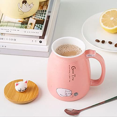 Hwagui mačka šalica Slatka keramička šalica - kawaii čajna šalica s poklopcem i žlicom, čaša za čaj maca, šalica za kavu, jutarnja