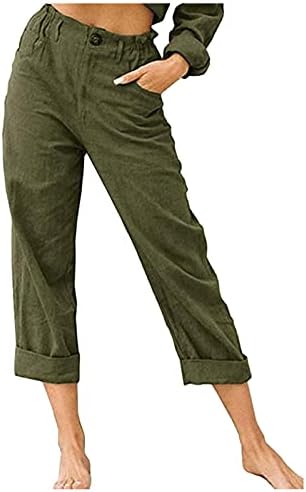 Ruiruilico Capris za žene Ljetne lanene pamučne hlače povremene elastične visoke struke obrezane vitke salone plaže s džepovima