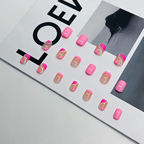 Proljeće ногти,Короткий Френч на ногтях С дизайном,KXAMELIE Ярко-розовый Квадратной формы Красочные Завитки Френч Кончики Fake Nails,Glossy Gel Nails Press on,Full Cover Reusable 