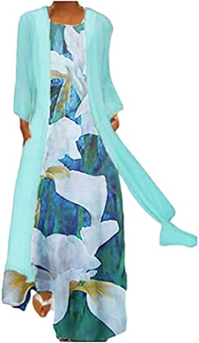 Ljetna haljina za žene 2023 šifon jednobojni kardigan bez rukava s okruglim vratom s cvjetnim printom duga haljina lepršavi dvodijelni
