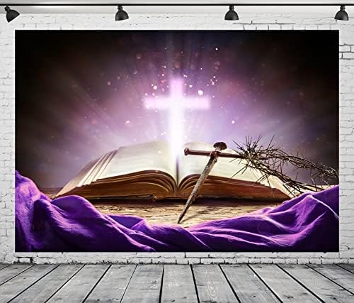 Tkanina Od 9 96 Stopa pozadina s biblijskim križem ljubičasta Sveta svjetlost užareno raspelo kruna od trnja vjera u Boga Isus Krist