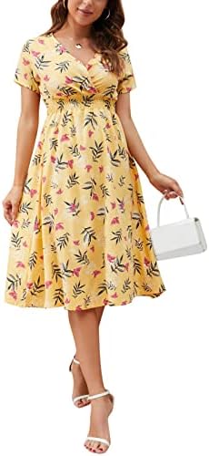 NYYBW ženski boho kratki rukavac v vrat rufff chifon midi haljina cvjetni print dimljena haljina plaža duga haljina