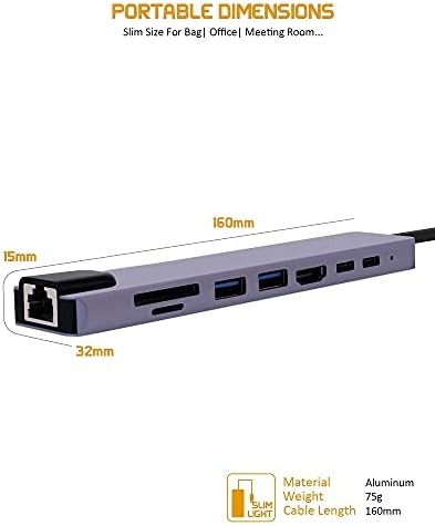 USB C Hub, 8 u 1 USB C Hub Multiport adapter s HDMI 4K izlazom, napajanja tipa C CURGING 8 PORT HUB, USB Hub sa čitačem SD kartice