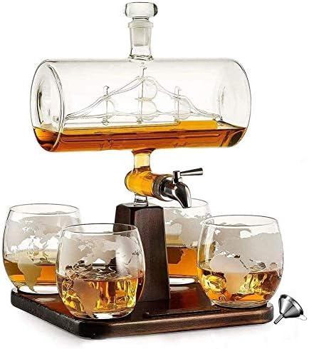 Stakleni dekanter za viski s čašama-Set alkoholnih dekantera za viski od 1100 ml, s 4 čaše za viski, za rakiju, vino, konjak, rum,