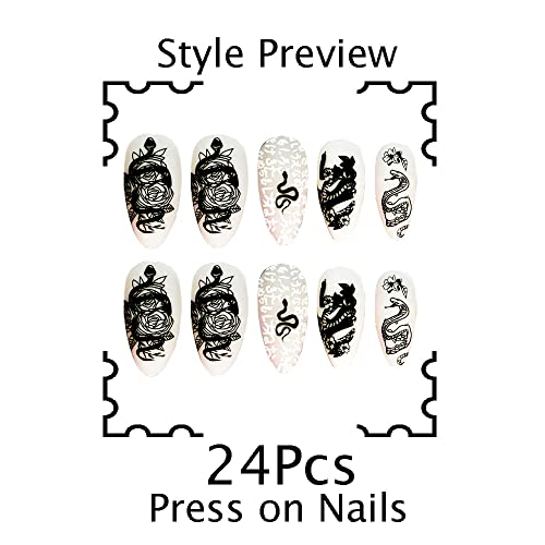 Zmija pritisnite na noktima dugački lažni nokti izvrsni akrilni modni crni cvjetni uzorak dizajna noktiju za žene i djevojke 24 PCS