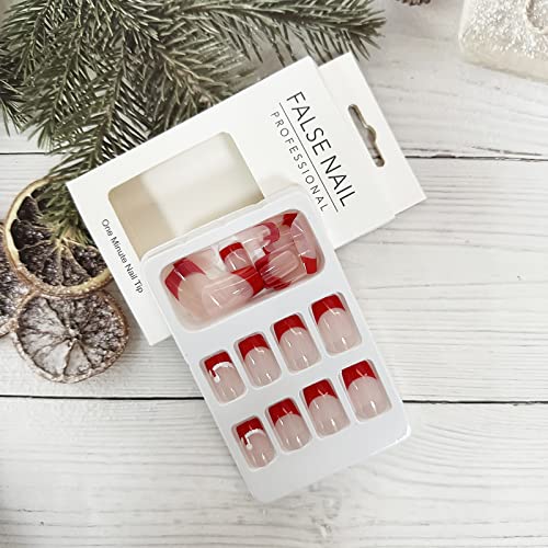 Božićna crvena tiska na noktima kratki kvadratni lažni nokti s dizajnom Djeda šešira Santa Slatki francuski savjet puni poklopac Umjetni