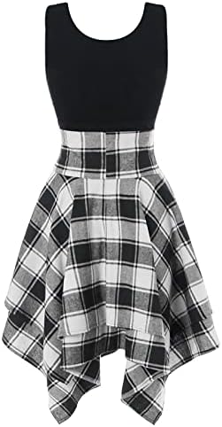 Ženski tartanski karirani print čipka up asimetrična haljina duga/kratki rukavi O-Neck Spajanje plaže mini haljine