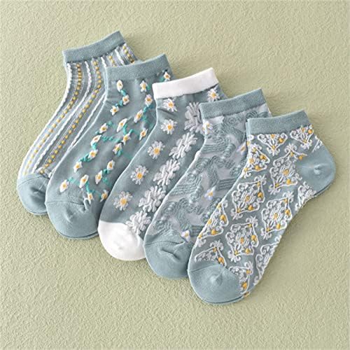 Živi 5 pari cvjetnih čarapa Ženske pamučne čarape sa skandinavskim prugama s cvjetnim teksturama Vintage slatke cvjetne čarape za djevojčice