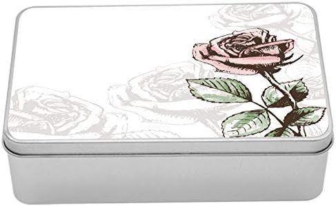 Metalna kutija Ambsonne Rose, viktorijanski antikni dizajn skice s cvjetovima i izblijedjelim procvjetanim, višenamjenskim pravokutnim