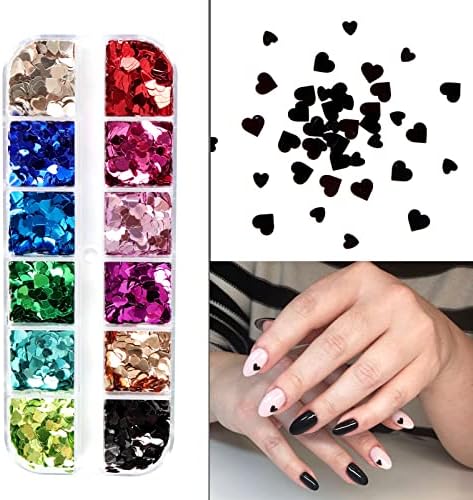 12 rešetke šljokice za nokte, 3D holografski u obliku srca u obliku noktiju Sjajne Flakes Multi Color Heart Naljepnice za nokte za