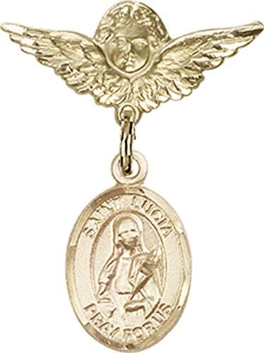 Dječja značka Ach s amuletom Svete Lucije iz Sirakuze i pribadačom značke anđeo s krilima / Zlatna dječja značka s amuletom Svete Lucije