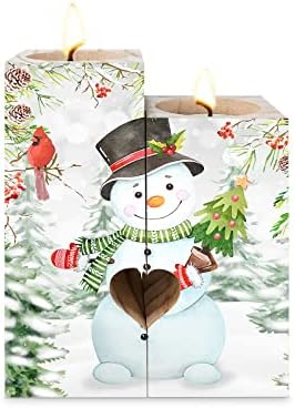 Božićni svijećnjak pokloni za žene ukras za svijeće s obostranim tiskom veseli Božićni snjegović crvena ptica u snježnoj sceni drveni