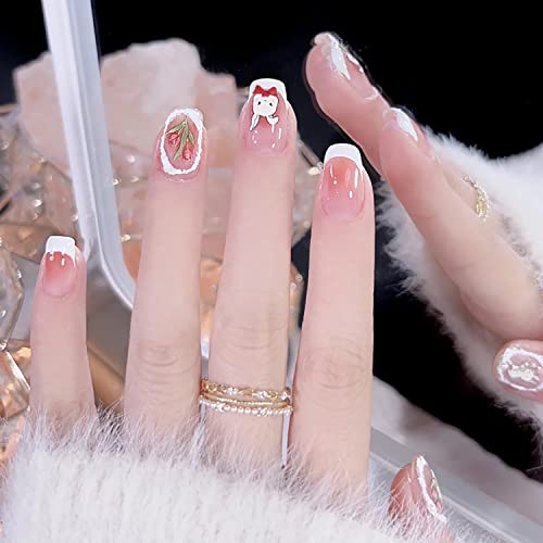 Uskršnji lažni nokti francuski savjet Pritisnite nokte kratke gole ružičaste slatke zečeve dizajn lažni nokti akrilni umjetni kvadratni