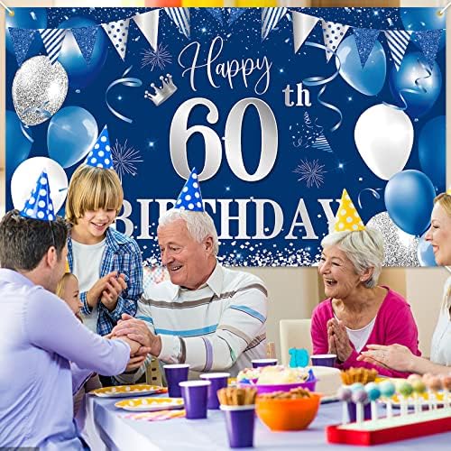 pozadina s natpisom za 60. rođendan, Ukrasi od 60 inča, plava srebrna tkanina Za Fotografije za muškarce i žene za 60. rođendan, 70,8