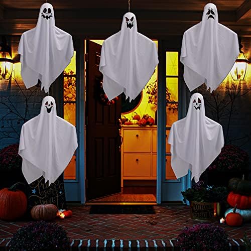 Joyin 5 Pack 27,5 Dekoracija Halloween Viseći duhovi, Slatki duhovi s jezivim licima dizajnira, ukrasi za Halloween na otvorenom, travnjak,