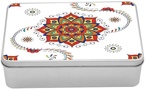 AMBESONNE LOTUS TIN BOX, FLAD LOTUS sa apstraktnim modernim stilom Mandala utječe na simetrični folk uzorak, prijenosni pravokutni
