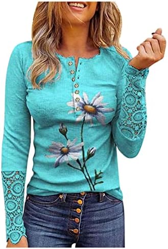 Usuming ženski gumb Henley vrat vrhovi rebrasta vitka košulja patchwork čipka šuplja bluza cvjetna majica