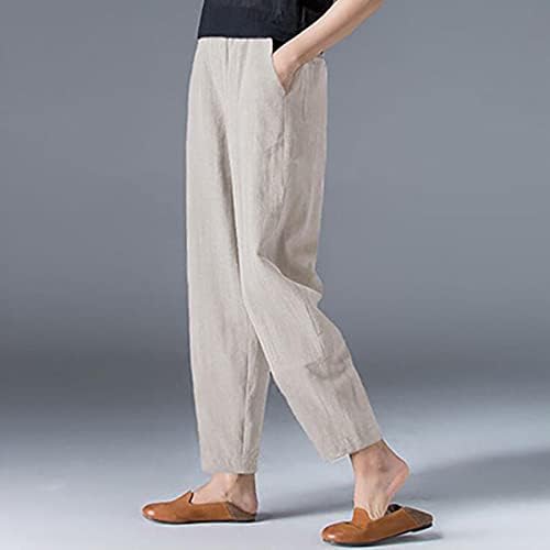 Beuu ženske ležerne pamučne lanene konusne kapri hlače labave elastični pojas rezana hlača sa bočnim džepovima