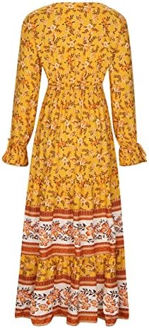 Narhbrg ženske haljine s dugim rukavima jeseni bohemijski casual cvjetni print maxi haljina čipka up -slojevirana partijska plaža duga