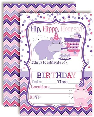 Hip hippo hooray hippopotamus tematski pozivnice za rođendanske zabave za djevojčice, 20 5 x7 ispunite karte s dvadeset bijelih omotnica