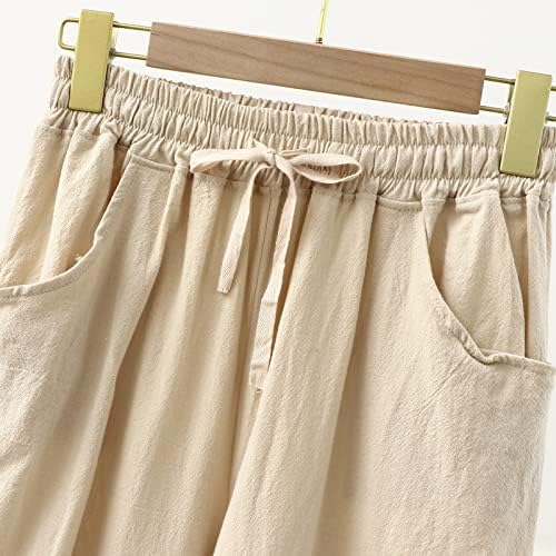 Ženske pamučne platnene duge hlače ležerne čvrste boje Ravne hlače Elastično struk Rastezanje hlača široke noge s džepovima