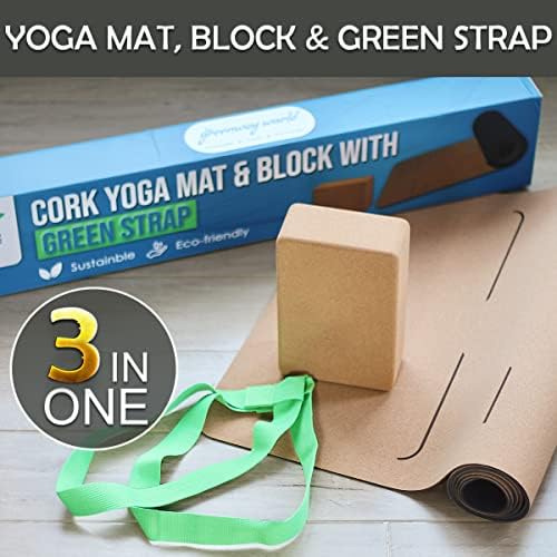 Greenway World Cork Yoga Mat - Eko prihvatljiva nejasna vruća joga prostirka s remenom bloka i rastezanja - netoksična, izdržljiva