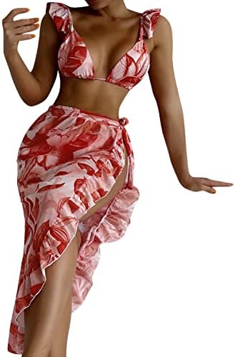 Ženski kupaći kostimi od 3 komada, trodijelna suknja s printom s volanima, podesiva biljka