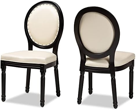 2-dijelni set Blagovaonskih stolica od 2 komada s naslonom od tkanine u francuskom stilu presvučenim Bež PU kožom i završenim ebanovinom