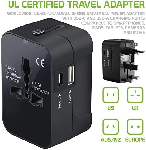 Travel USB Plus International Power Adapter kompatibilan s ACER DX90 za svjetsku energiju za 3 uređaja USB Typec, USB-A za putovanje