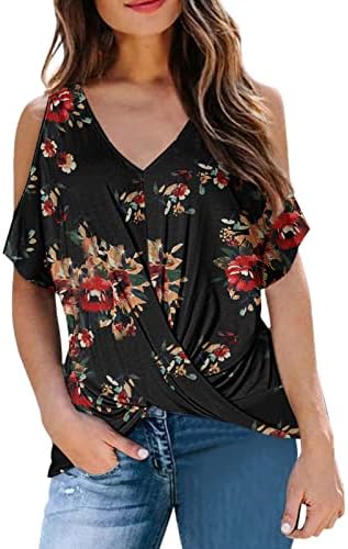 ženski ljetni vrhovi s ramena, majica kratkih rukava sprijeda, uvijeni čvor, majice s izrezom u obliku slova A, modne bluze u boji