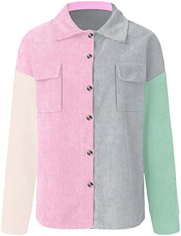 Ženski corduroy gumb Down Pocket majice casual kapka ramena Prevelike bluze u boji blok dečko shacket jakna