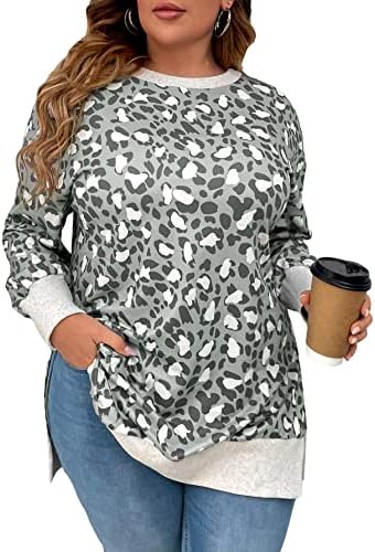 Oyoangle ženska plus veličina leopard print dugih rukava s dugim rukavima, trenirka za vrat casual pulover vrhovi