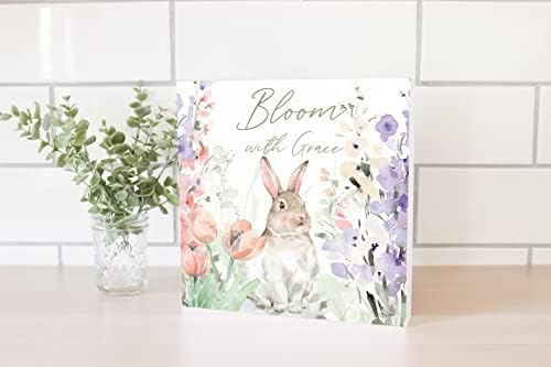 Blooming Bunnies III, dekor doma Joyride, znak za blok drveta, 10 x10 samostojeći, polica ili zid prikazan, umjetnik dizajniran za