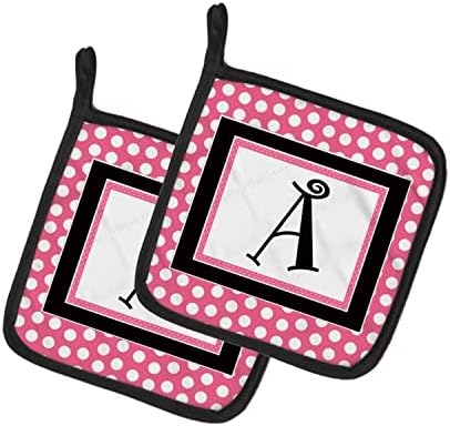 Caroline's Treasures Pismo monogram - ružičaste crne polka točkice par držača lonca, 7,5hx7.5w, višebojan