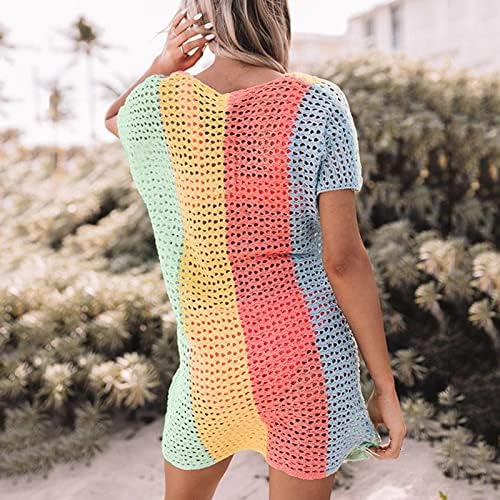 Ženski dugački pleteni prekrivači sakrijte trbuh labavi blok boje kratkih rukava v vrat crochet mini plaža bikini prekrivač