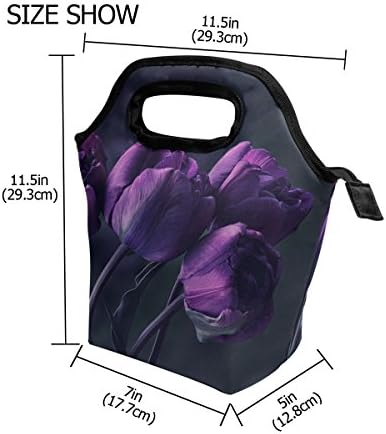 _ Slatka tamnoljubičasta torba za ručak s cvijetom tulipana, hladnjača, izolirane kutije za ručak s patentnim zatvaračem, školska torba