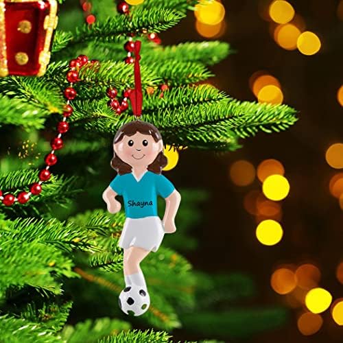 Personalizirani ukras za nogometnu djevojku - nogometni božićni ukras - prilagođeni nogometni lopta - plava uniforma za žensku nogometašicu