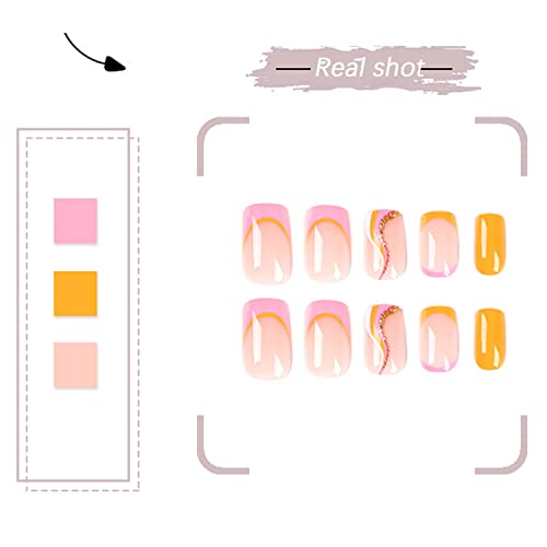 Francuski tisak na noktima Kratki kvadratni lažni nokti sa šarenim vrtložnim uzorkom narančasti ružičasti bijeli lažni nokti sa sjajnim