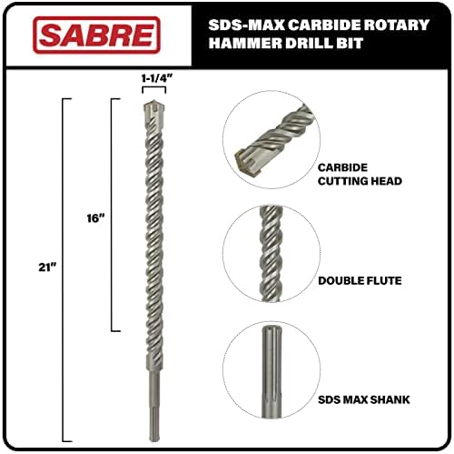 Saber Tool 1-1/4 inčni x 22 inčni SDS Max rotacijski čekić za bušenje, U-flute, karbid navršen za ciglu, kamen i beton SDS Max Hammer