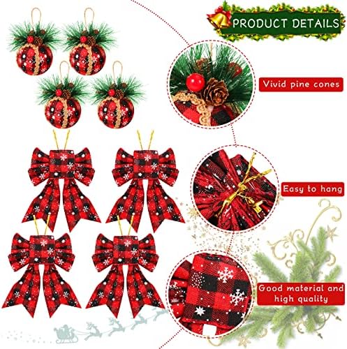 Božićni karirani ukrasi postavljeni božićni karirani kuglični ukrasi i karirani božićni lukovi crno crvena zelena bivola karirana tkanina