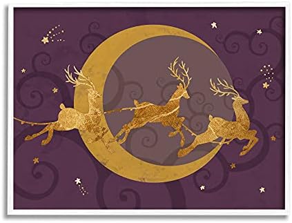 Sjeverni jeleni koji lete iznad glamuroznog božićnog neba u obliku polumjeseca, dizajn Daphne polselli, zidna umjetnost u bijelom okviru,
