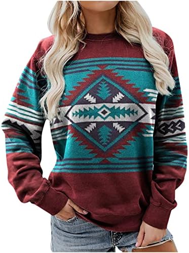 Žene vintage print vrhovi Crewneck majice s dugim rukavima Ženska žena zapadnjačka etnički stil pulover bluza labava dukserica