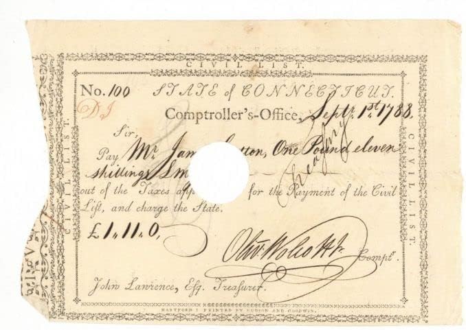 Nalog za plaćanje koji je potpisao Oliver Volcott Jr. - obveznice Revolucionarnog rata u Connecticutu