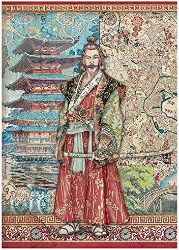 Stamperia International Stamperia-Rice Paper-Sir Vagabond u Japanu-Samurai, A4, Red, Teal, Brown