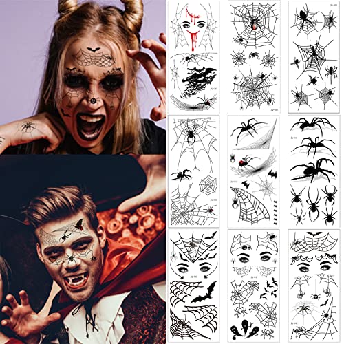 65 PCS Halloween Spider Web Face Eye privremene tetovaže Realistične naljepnice za odrasle djece, prednji dio ramena Ukratko za Halloween